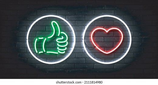 Vector realistic isolated neon sign of Like and Heart for template decoration and covering on the wall background.