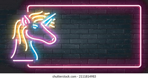 Vector realistic isolated neon sign of Unicorn frame for template decoration and covering on the wall background.