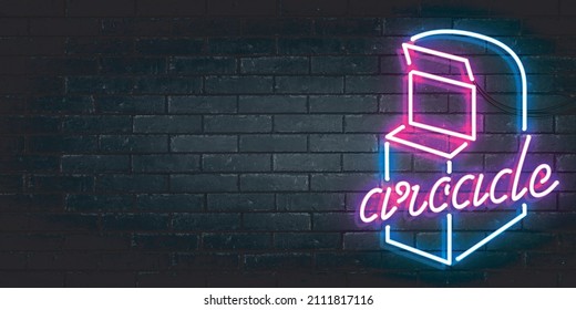 Vector realistas y aislados, signo de neón del logo de Arcade para la decoración y el recubrimiento en el fondo de la pared.