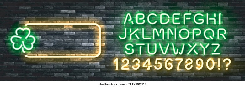 Vector realistic isolated neon sign of St. Patrick's Day frame with easy to change color font alphabet on the wall background.