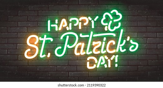 Vector realistic isolated neon sign of St. Patrick's Day logo on the wall background.