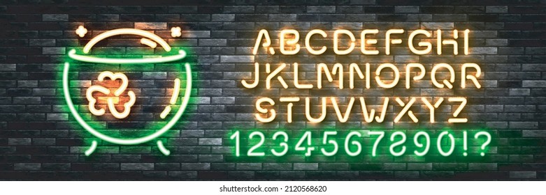 Vector realistic isolated neon sign of St. Patrick's Day logo with easy to change color font alphabet on the wall background.