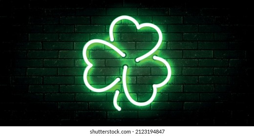 Vector realistic isolated neon sign of Clover on the wall background. Concept of Happy St. Patrick's Day and Good Luck.