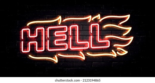 Vector realistic isolated neon sign of Hell logo with fire on the wall background.