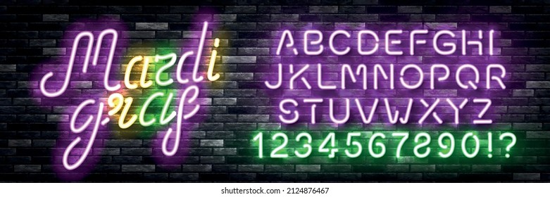Vector realistic isolated neon sign of Mardi Gras with easy to change color alphabet font on the wall background.