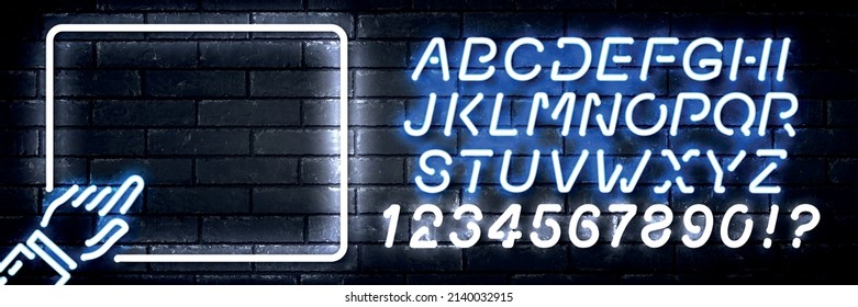 Vector realistic isolated neon sign of frame with pointing hand logo with easy to change color alphabet font on the wall background.