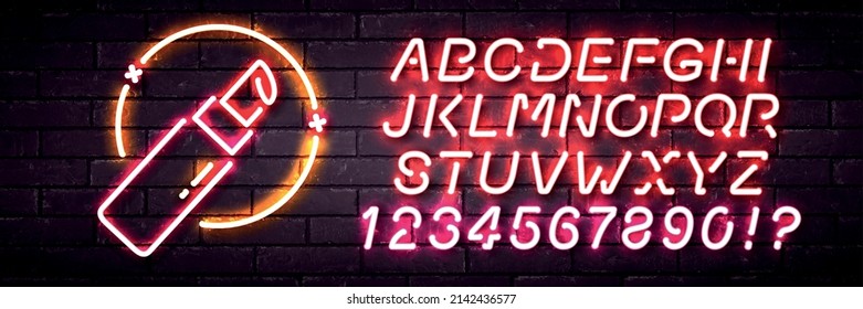 Vector realistic isolated neon sign of Lipstick logo with easy to change color alphabet font on the wall background. Concept of cosmetics and beauty.