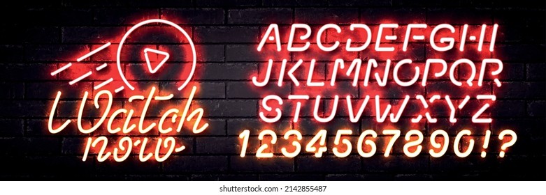 Vector realistic isolated neon sign of Watch Now logo with easy to change color alphabet font on the wall background.