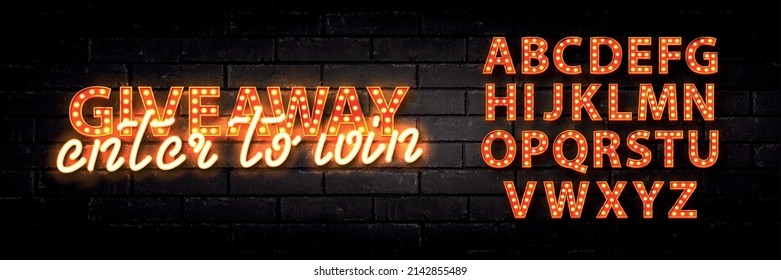 Vector realistic isolated neon sign of Giveaway Enter To Win text with retro marquee alphabet font on the wall background.