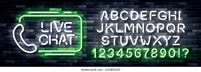 Vector Realistic Isolated Neon Sign Of Live Chat Logo With Easy To Change Color Alphabet Font On The Wall Background.