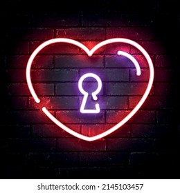 Vector realistic isolated neon sign of Heart with a lock logo on the wall background.