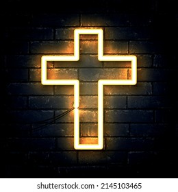 Vector realistic isolated neon sign of Cross logo on the wall background.