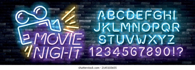 Vector realistic isolated neon sign of Movie Night with easy to change alphabet font on the wall background.