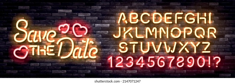 Signo de neón aislado vectorial realista del logo Guardar la fecha con un tipo de letra del alfabeto de color fácil de cambiar en el fondo de la pared.