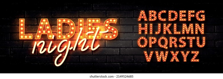 Vector Realistic Isolated Neon Sign Of Ladies Night Text With Retro Marquee Alphabet Font On The Wall Background.