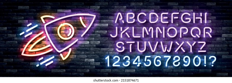 Vector realistic isolated neon sign of Rocket logo with easy to change alphabet font on the wall background.