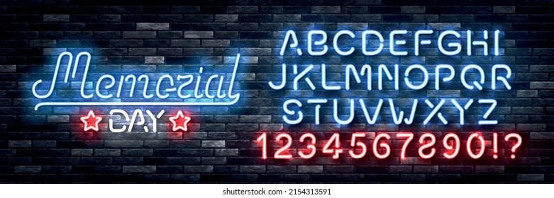 Vector realistic isolated neon sign of Memorial Day with easy to change color alphabet font logo on the wall background.