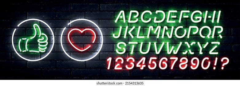 Vector realistic isolated neon sign of Like and Heart with easy to change color font alphabet on the wall background.
