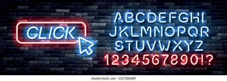 Vector realistic isolated neon sign of Click button logo with easy to change color font alphabet on the wall background.