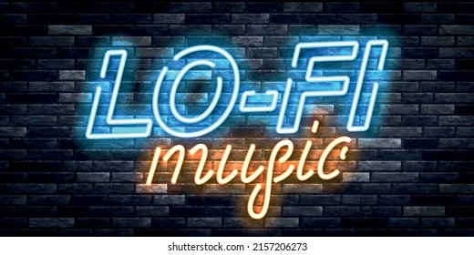 Vector realistic isolated neon sign of Lo Fi Music logo on the wall background.