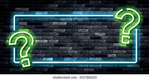 Vektorrealistisches, isoliertes Neonzeichen des Frames auf dem Wandhintergrund. Konzept von Trivia Nacht und Fragebogen.