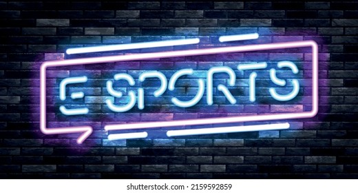 Vector realistic isolated neon sign of E Sports logo for template decoration and branding on the wall background. Concept of cybersport and videogames.