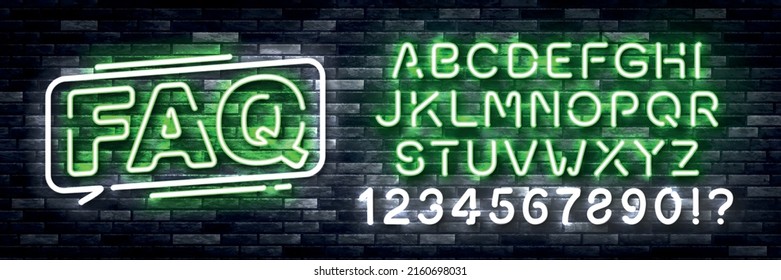 Vector realistic isolated neon sign of FAQ logo with easy to change color alphabet font on the wall background. Concept of frequently asked questions.