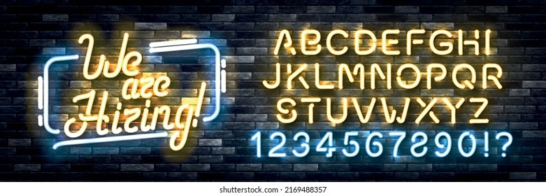 Vector realistic isolated neon sign of We Are Hiring with easy to change color alphabet on the wall background.