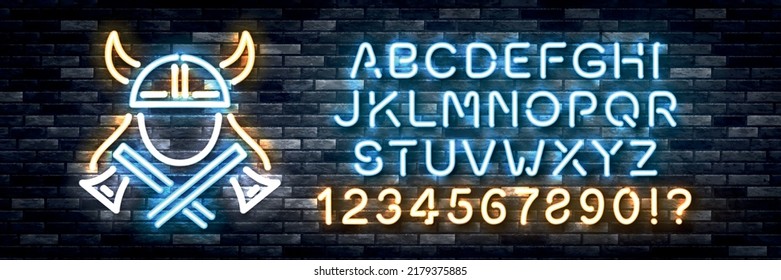 Vektorrealistisches, isoliertes Neonzeichen des Wiking Logos mit leicht zu verändern Schriftart auf dem Wandhintergrund.