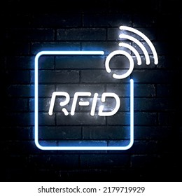 Vector realistic isolated neon sign of RFID logo on the wall background.