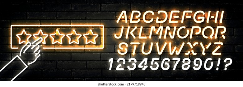 Vector realistic isolated neon sign of Five Stars with easy to change color font alphabet on the wall background.