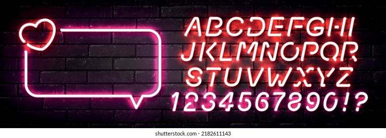 Vector realistic isolated neon sign of Heart Speech Bubble logo with easy to change color alphabet font on the wall background.