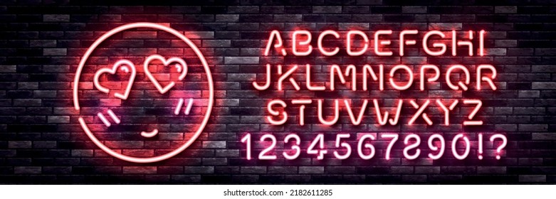 Vector realistic isolated neon sign of Heart Emoji logo with easy to change color alphabet font on the wall background.