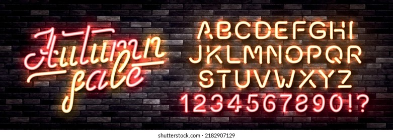 Signo de neón aislado vectorial realista del logo de la venta de otoño con un tipo de letra del alfabeto de color fácil de cambiar en el fondo de la pared.
