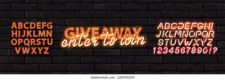 Vector realistic isolated neon sign of Giveaway Enter To Win text with retro marquee alphabet font on the wall background.