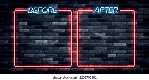 Vector realistic isolated neon sign of Before and After frame logo on the wall background.