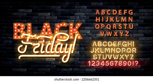 Vector realistic isolated neon sign of Black Friday text with easy to change color alphabet font on the wall background.