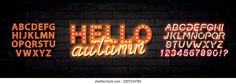 Vector realistic isolated neon sign of Hello Autumn logo with easy to change color alphabet font on the wall background.