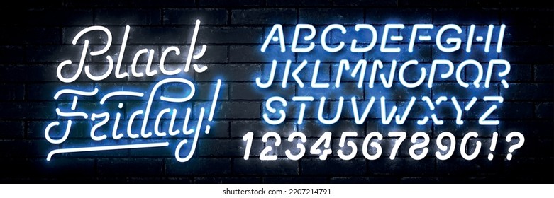 Vector realistic isolated neon sign of Black Friday text with easy to change color alphabet font on the wall background.