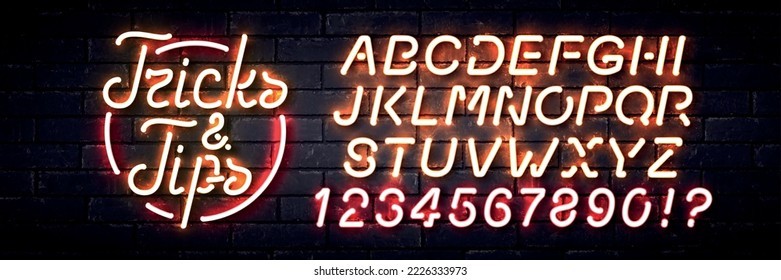 Vector realistic isolated neon sign of Tricks And Tips logo with easy to change color alphabet font on the wall background.