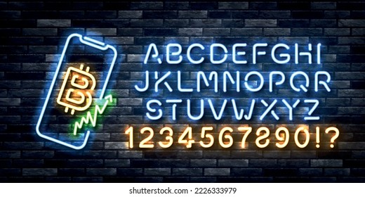 Vector realistic isolated neon sign of Bitcoin logo with easy to change color alphabet font on the wall background.