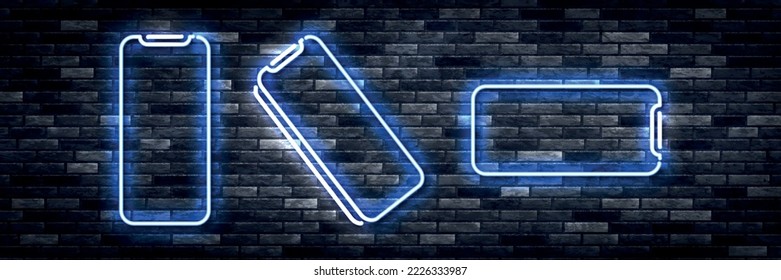Signo de neón aislado vectorial realista de plantillas de teléfono y marcos en el fondo de la pared.