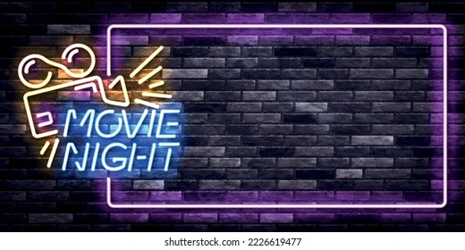 Vector realistic isolated neon sign of Movie Night frame on the wall background.