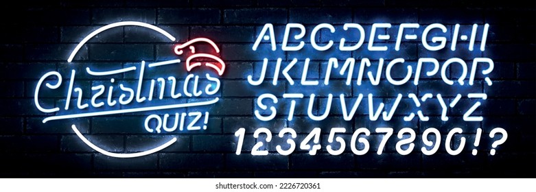 Vektorrealistisches, isoliertes Neonzeichen des Weihnachtsgotteslogos mit leicht zu verändern Schriftart auf dem Wandhintergrund. Konzept von frohen Weihnachten und glücklichem Neujahr.