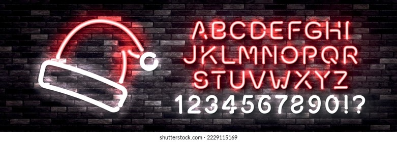 Vector realistic isolated neon sign of Santa Hat with easy to change alphabet font on the wall background.