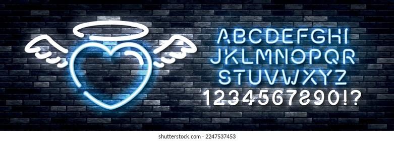 Vector realistic isolated neon sign of Angel Heart logo with alphabet font on the wall background. Concept of Happy Valentines Day.