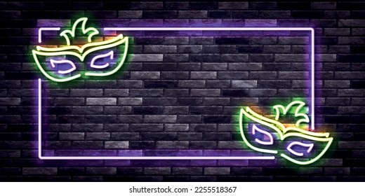 Vector realistic isolated neon sign of Mardi Gras frame on the wall background.