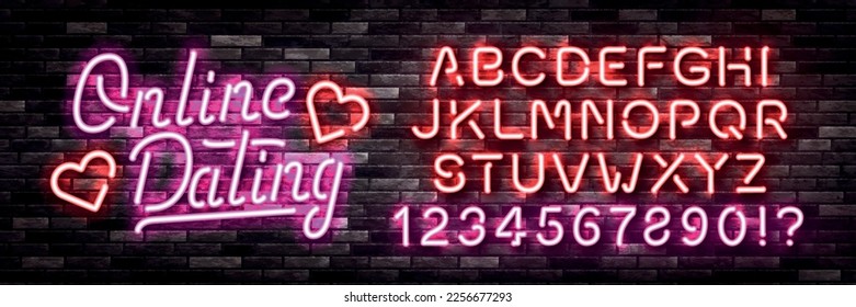 Vector realistic isolated neon sign of Online Dating logo with easy to change color alphabet on the wall background.