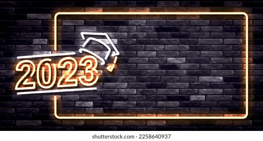 Vector realistic isolated neon sign of 2023 Graduation frame logo on the wall background.