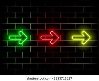 Vector realistic isolated neon sign of arrow logo decoration and cover template on blue background.. Green, red, yellow, pink, blue, orange.